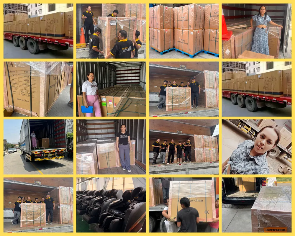 Collage de entregas de sillones ALUX en cajas y camiones en distintas ciudades del Perú