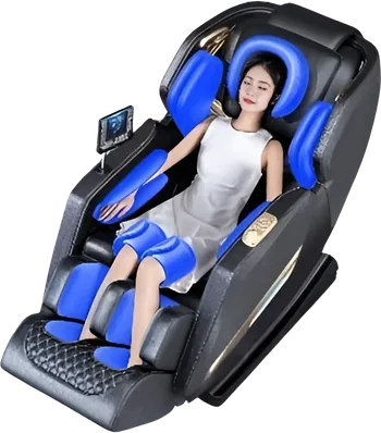 Persona recostada en un sillón ALUX con los airbags y rodillos iluminados en azul